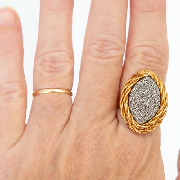 2 tone 14Kt Italy statement ring platinum druzy quartz luxury Vicenza Gold 10